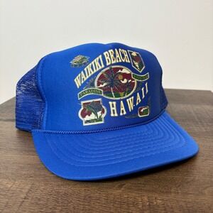 Waikiki‎ Beach Hawaii Souvenir Trucker Hat Cap Blue Vintage Style Tourist